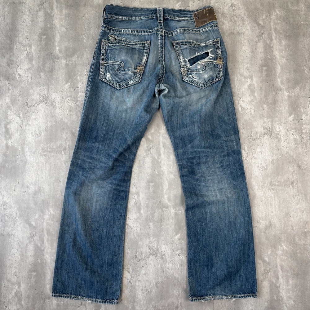 Silver Zac Jeans Mens 31x32 Distressed Whisker Faded Rock Festival Bootcut Y2K